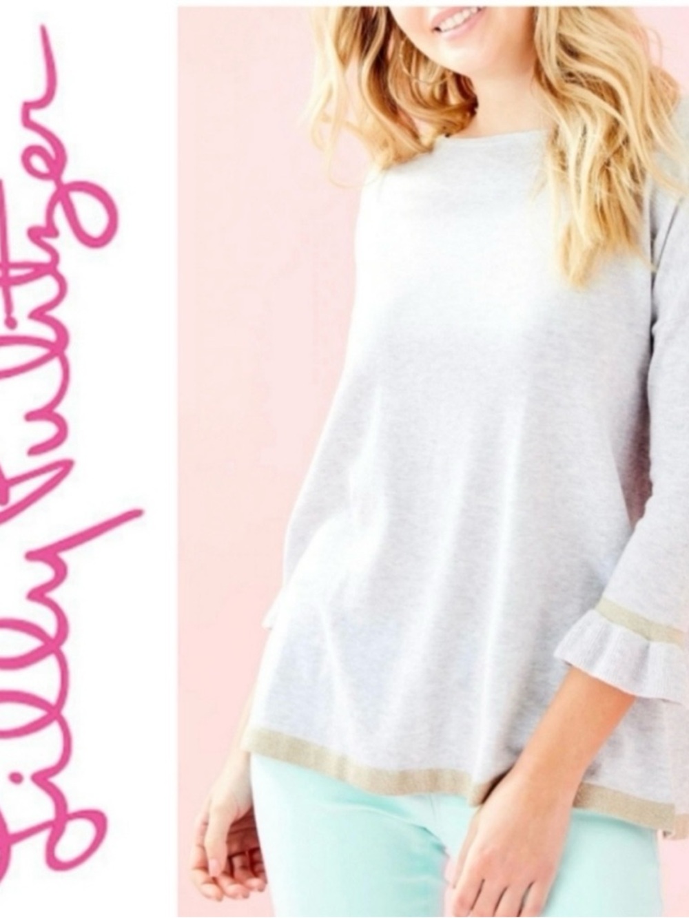 Lilly Pulitzer Charla Seaside Grey Sweater 3/4 Ruffled Cuff